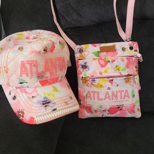 Snapback cap with ATLANTA on it with roses and crossbody bag to match. Pink